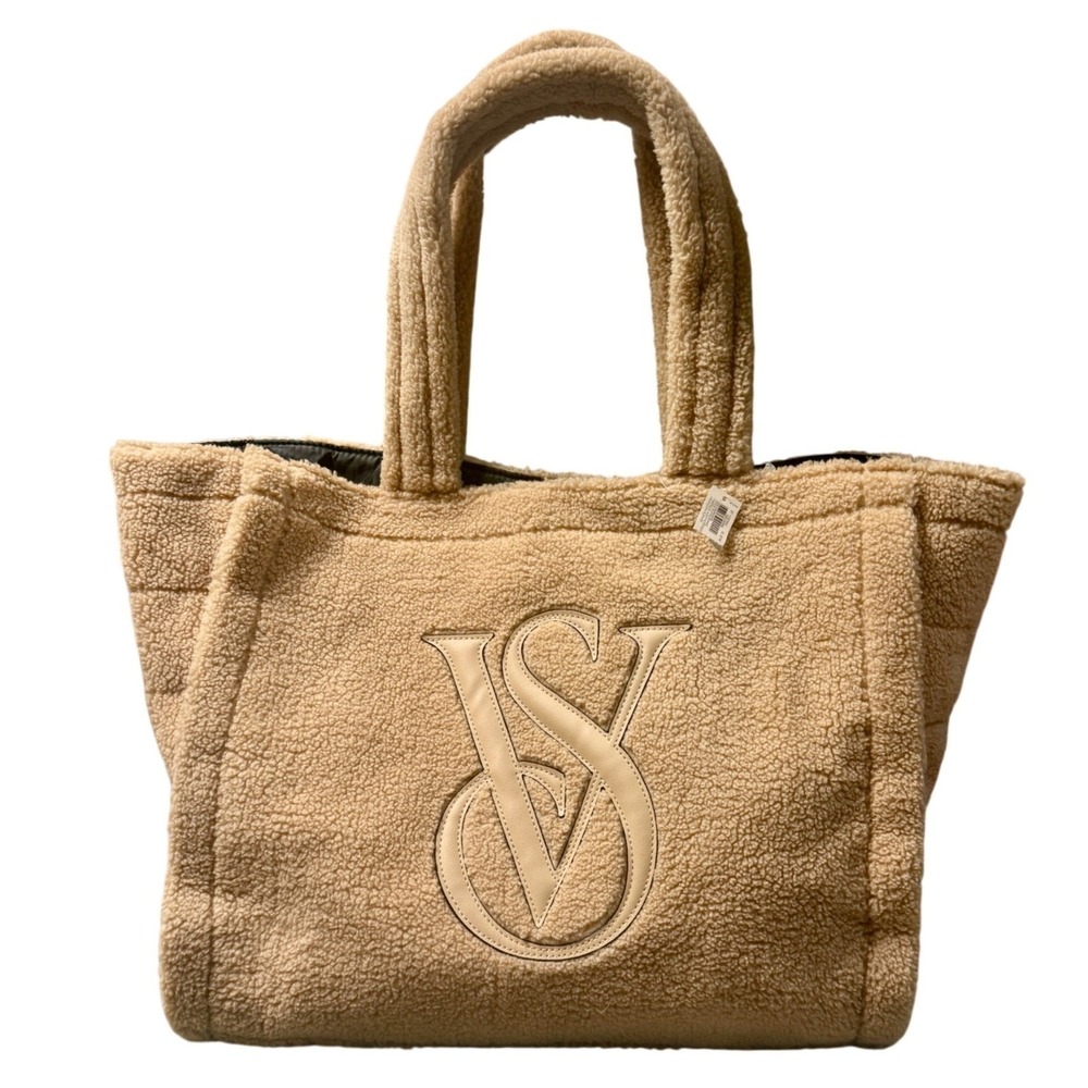 Victoria's Secret Tote Bag Sherpa Fleece Teddy Cozy Travel Weekend Bag Cream